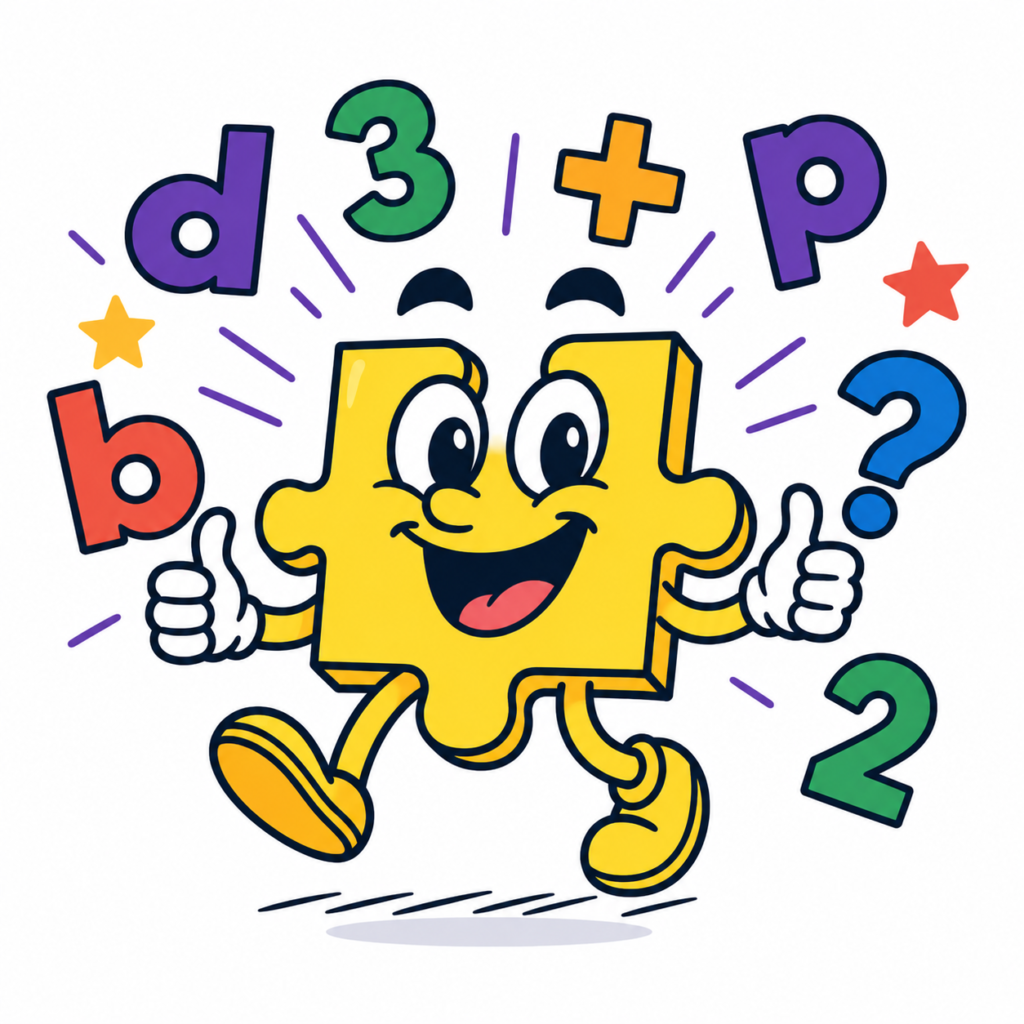 Puzzelstuk met letters, cijfers en rekensymbolen voor dyslexie, AD(H)D en dyscalculie