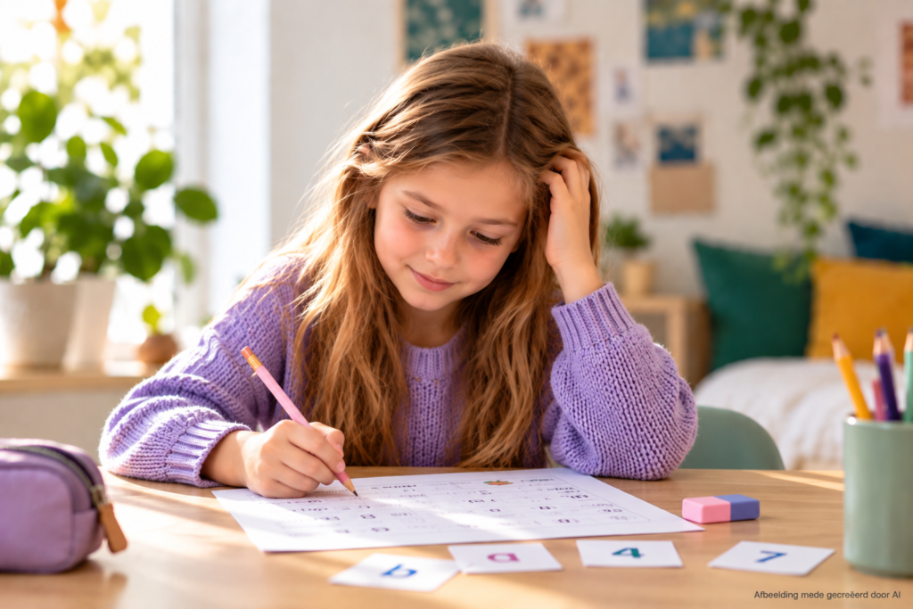 Meisje aan tafel bij blog over anders kijken naar vastlopen met leren