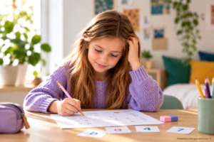 Meisje aan tafel bij blog over anders kijken naar vastlopen met leren