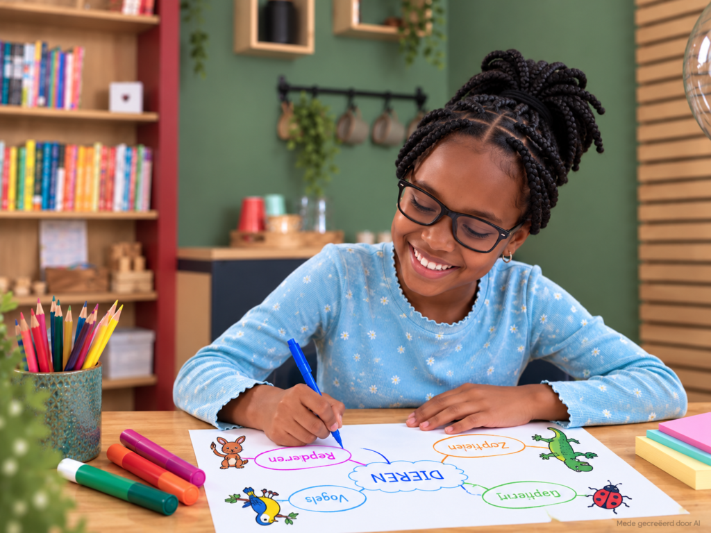 Kind maakt een mindmap tijdens LEREN LEREN begeleiding bij Eindelijk Duidelijk in Zoetermeer