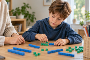 Kind ontdekt met materiaal hoe tientallen en eenheden zijn opgebouwd
