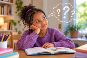 Meisje leest een boek en denkt na over de betekenis van kleine woorden.