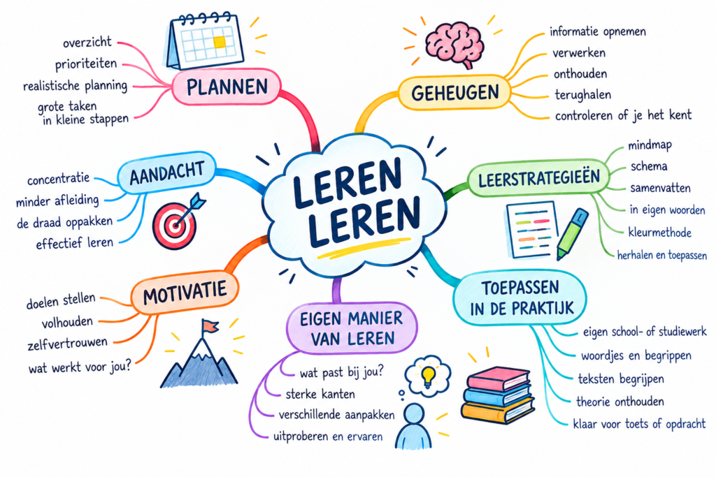 Mindmap van de LEREN LEREN Methode met geheugen, leerstrategieën, aandacht, motivatie en planning