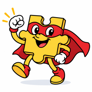 Vrolijk puzzelstuk als superheld als symbool voor het ontdekken van je eigen kracht